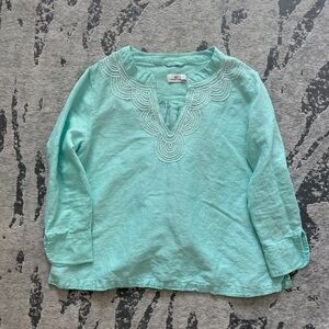 Women  Aqua Long Sleeve  linen beaded Top size L